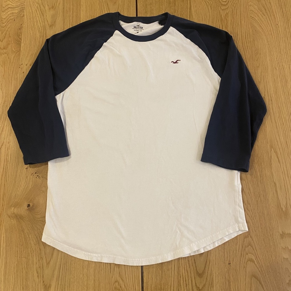 Hollister Raglan Retro Baseball Tee Men's Medium 3/4 sleeve navy white Seagull